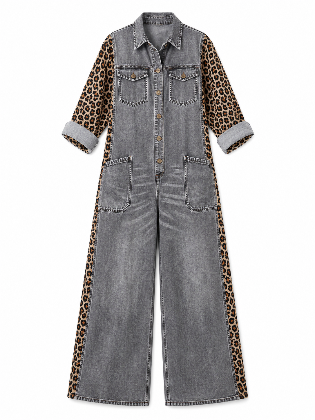 Amanda | Tuta in Denim Leggero con Dettaglio Leopardato