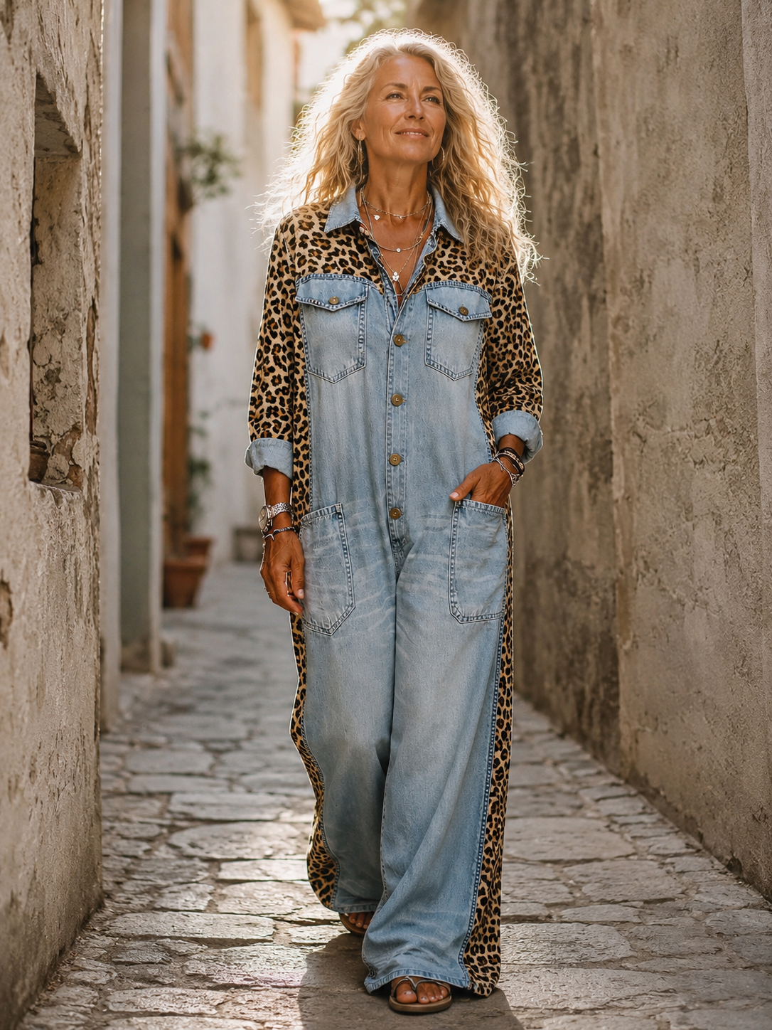 Amanda | Tuta in Denim Leggero con Dettaglio Leopardato