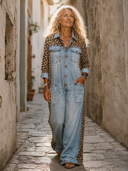 Amanda | Tuta in Denim Leggero con Dettaglio Leopardato