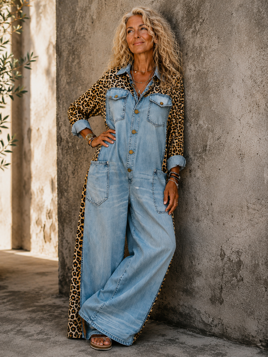 Amanda | Tuta in Denim Leggero con Dettaglio Leopardato
