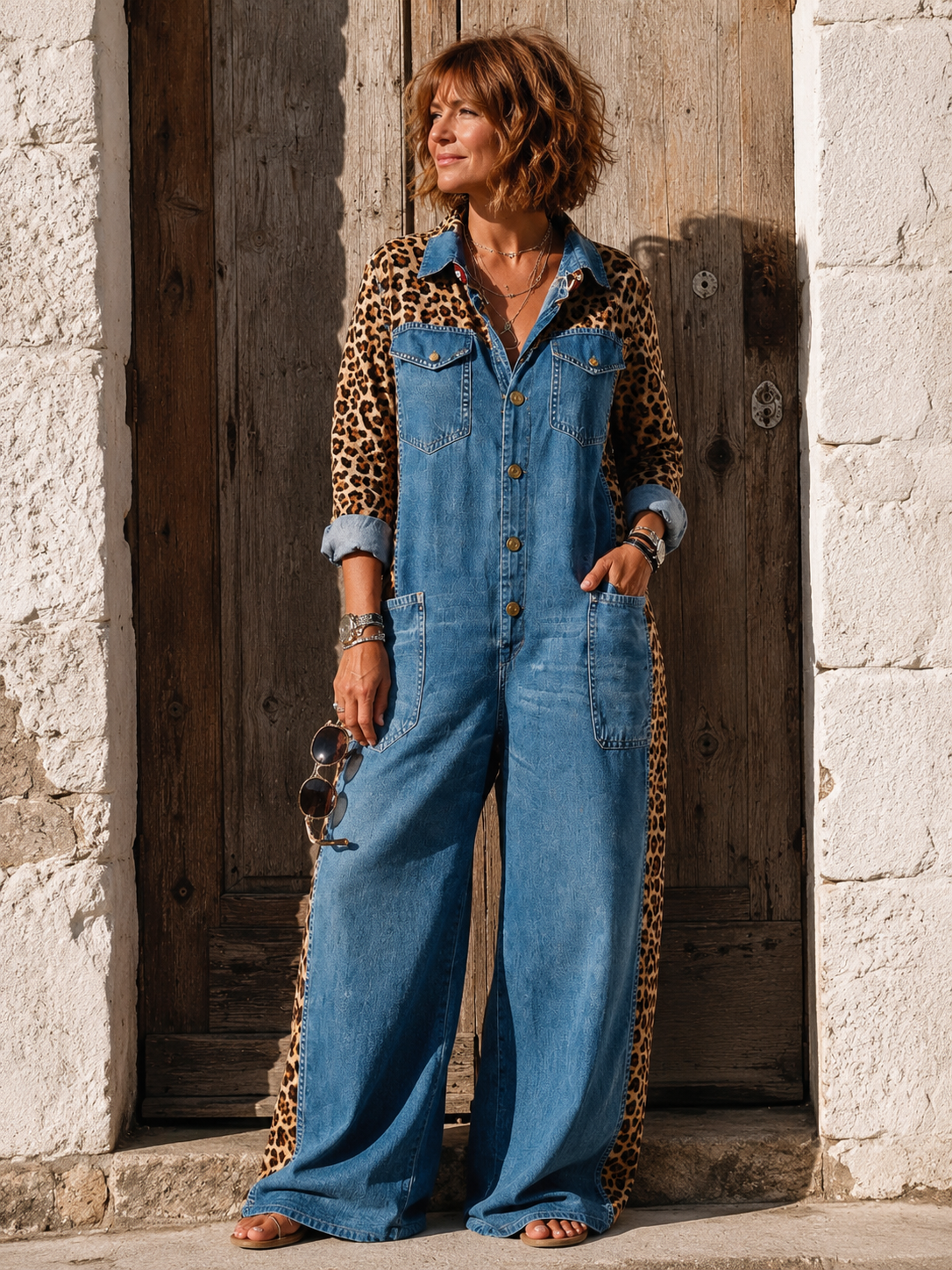 Amanda | Tuta in Denim Leggero con Dettaglio Leopardato