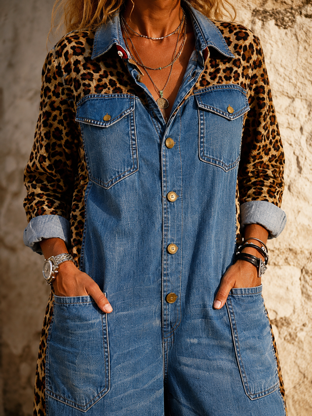 Amanda | Tuta in Denim Leggero con Dettaglio Leopardato