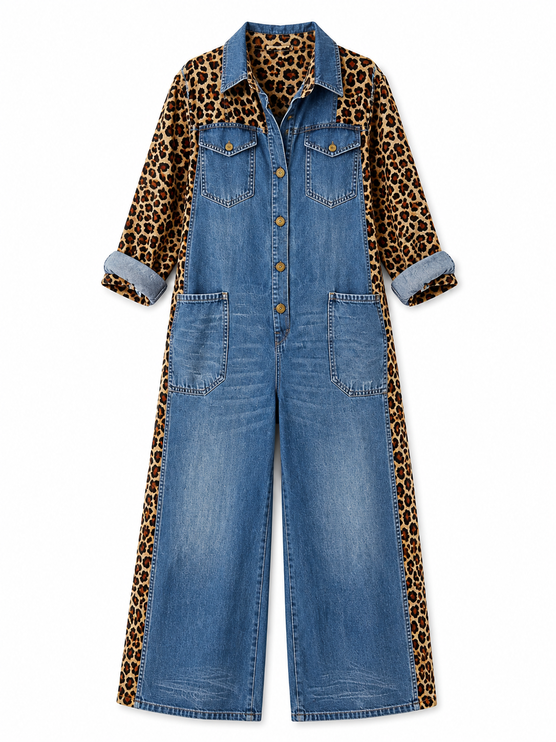 Amanda | Tuta in Denim Leggero con Dettaglio Leopardato