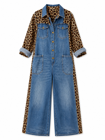 Amanda | Tuta in Denim Leggero con Dettaglio Leopardato