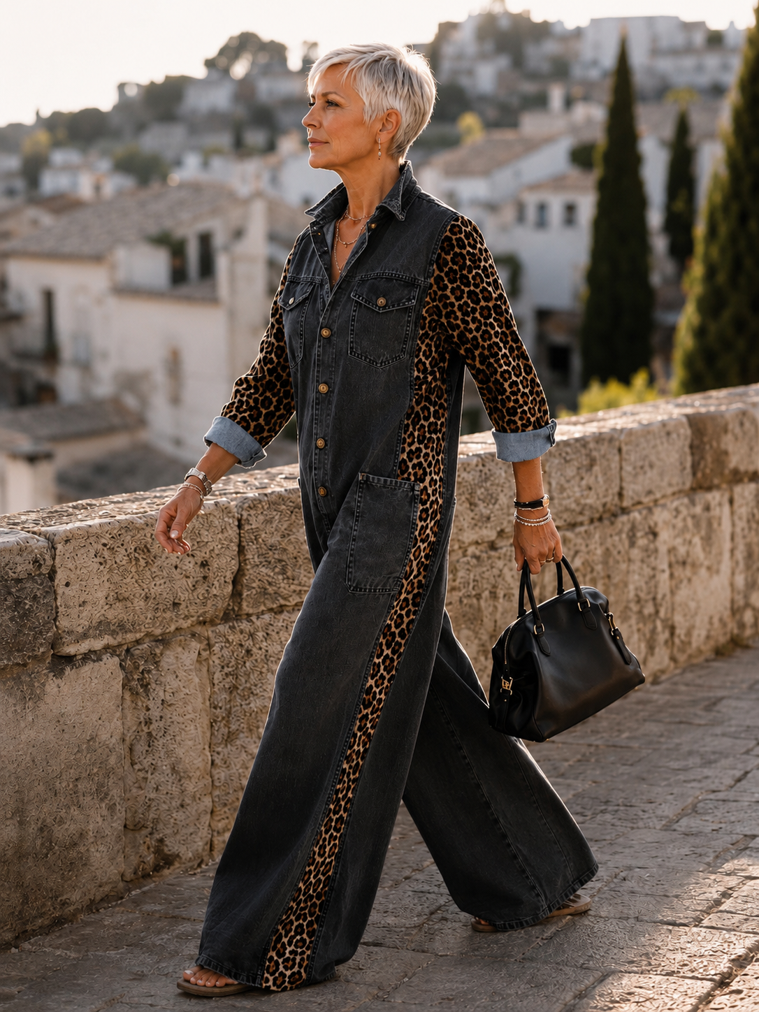 Amanda | Tuta in Denim Leggero con Dettaglio Leopardato