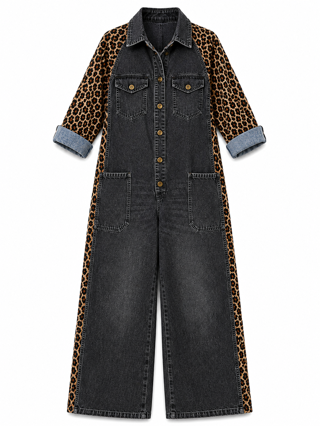 Amanda | Tuta in Denim Leggero con Dettaglio Leopardato