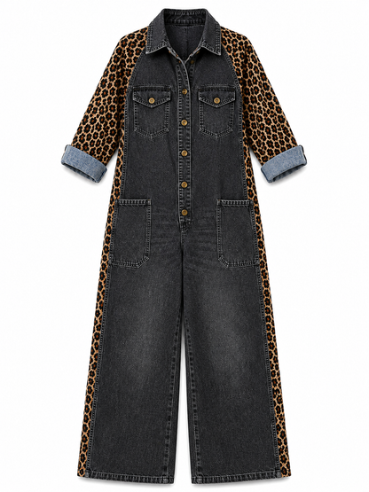 Amanda | Tuta in Denim Leggero con Dettaglio Leopardato