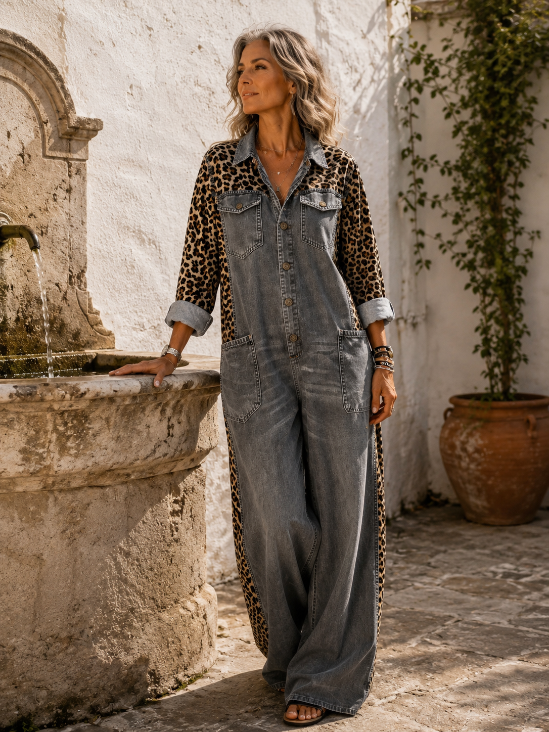 Amanda | Tuta in Denim Leggero con Dettaglio Leopardato