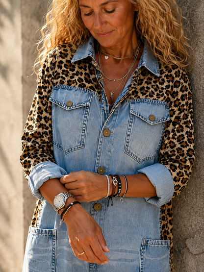 Amanda | Tuta in Denim Leggero con Dettaglio Leopardato