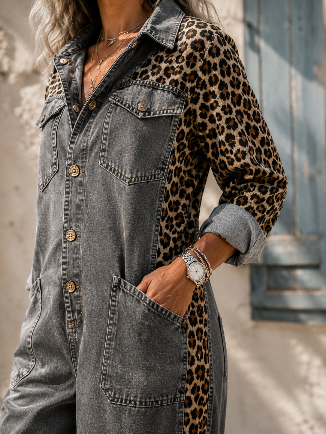 Amanda | Tuta in Denim Leggero con Dettaglio Leopardato