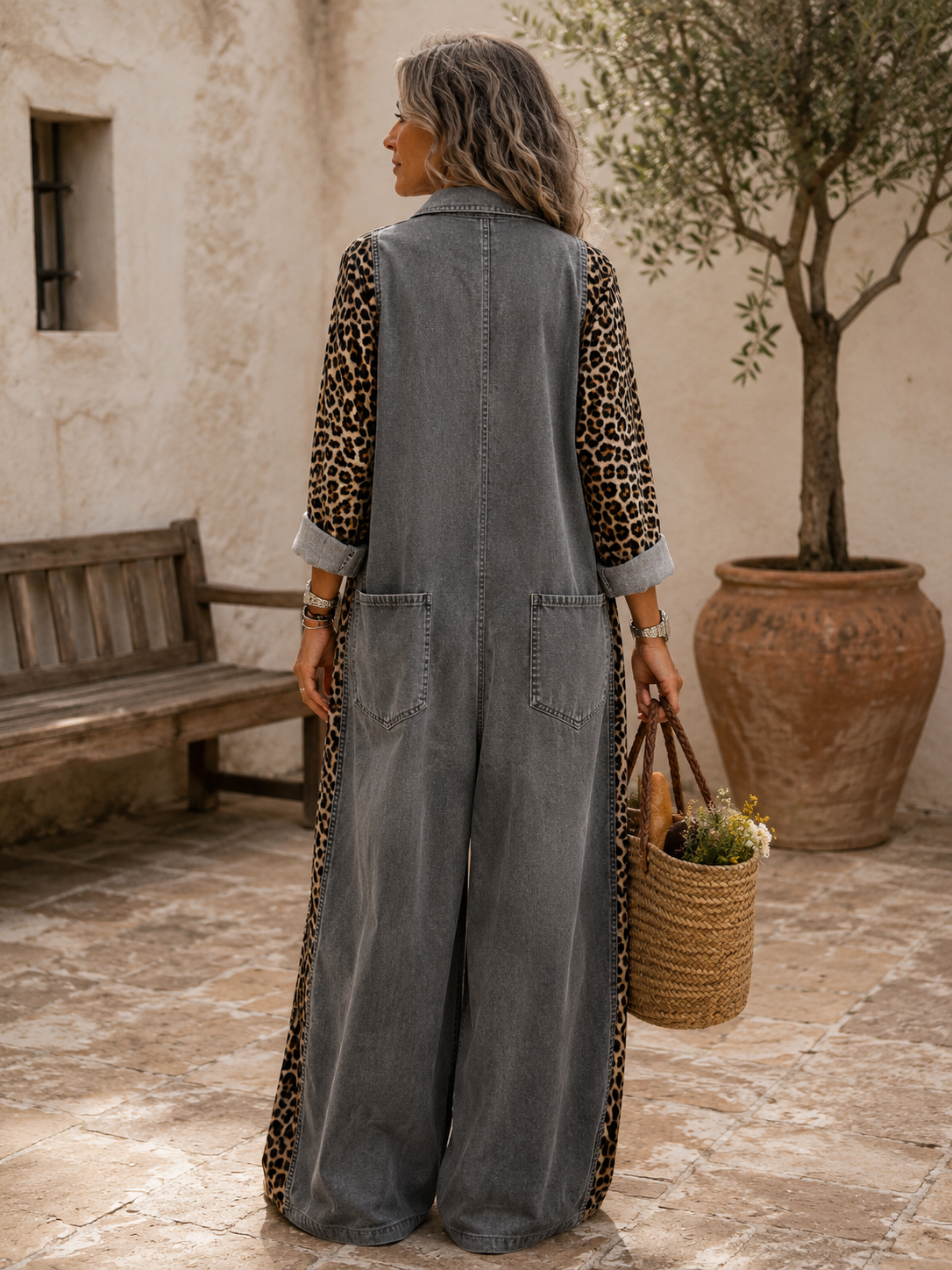 Amanda | Tuta in Denim Leggero con Dettaglio Leopardato