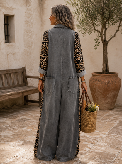 Amanda | Tuta in Denim Leggero con Dettaglio Leopardato