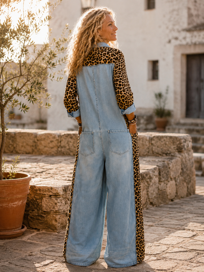 Amanda | Tuta in Denim Leggero con Dettaglio Leopardato
