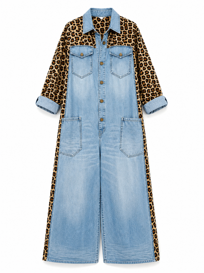 Amanda | Tuta in Denim Leggero con Dettaglio Leopardato